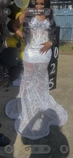 Silver White Sequin Mesh Strapless Mermaid Gown with Train, Beaded Appliqu 