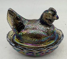 3" Covered Hen Titanium Carnival Glass Mosser Glass, USA