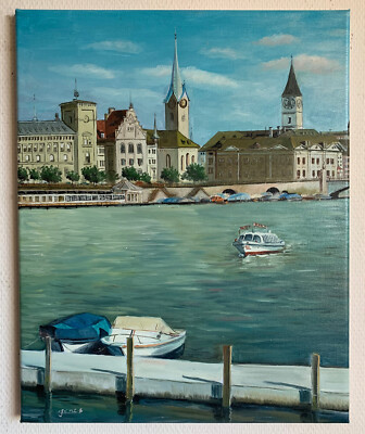 Ölgemälde Zürich, Hauptpost, Stadthaus, Fraumünster Öl Leinwand handgemalt 40x50