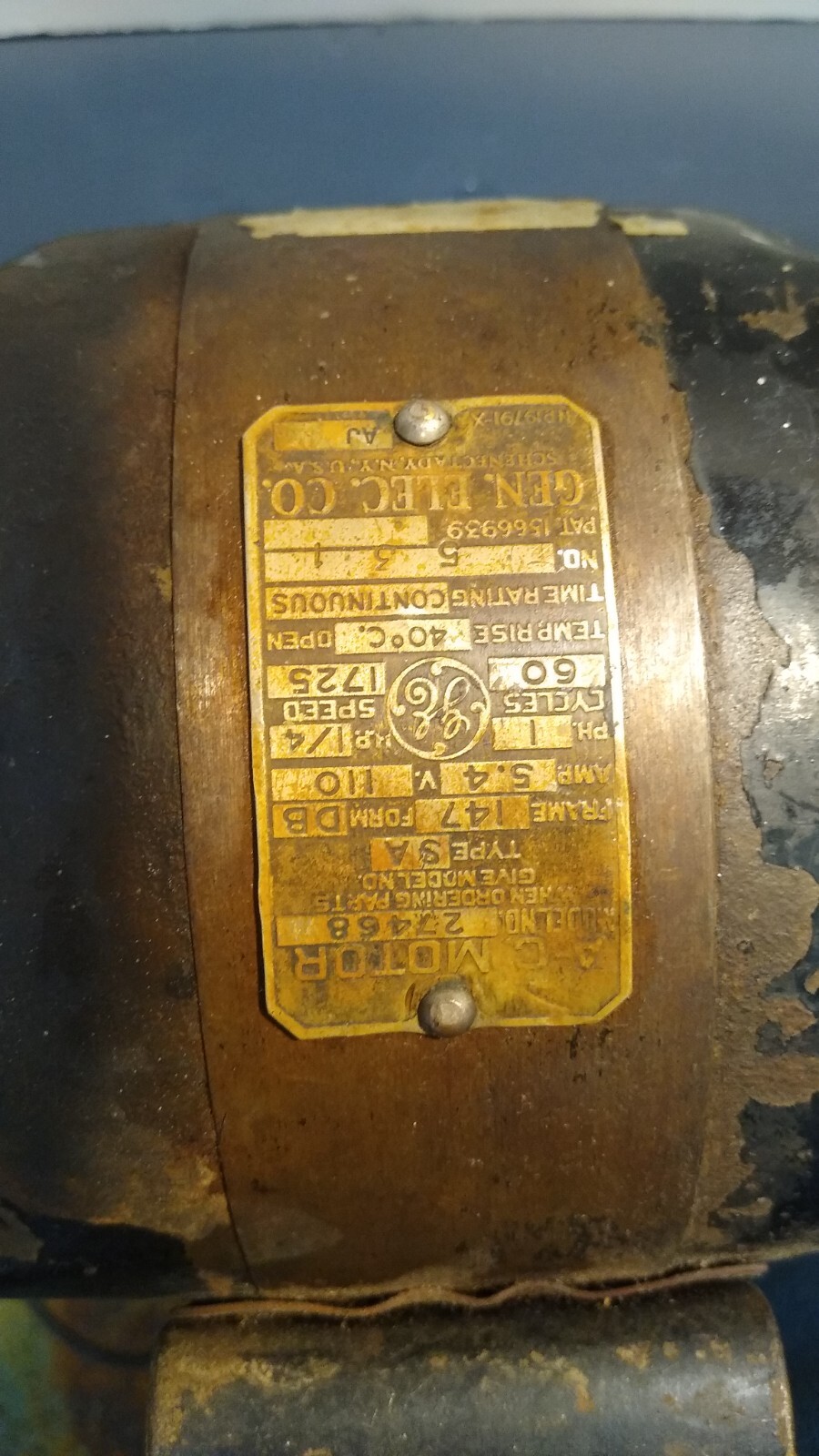 Vintage General Electric Motor 1/4 HP 1725 RPM 1 Phase 115v Model 27468