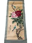 Antique Japanese Chinese Silk Hanging Scroll Painting Two Birds With Flowers