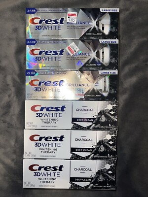 6 xCrest 3D White Charcoal Toothpaste Whitening Therapy Mint+Brilliance Charcoal