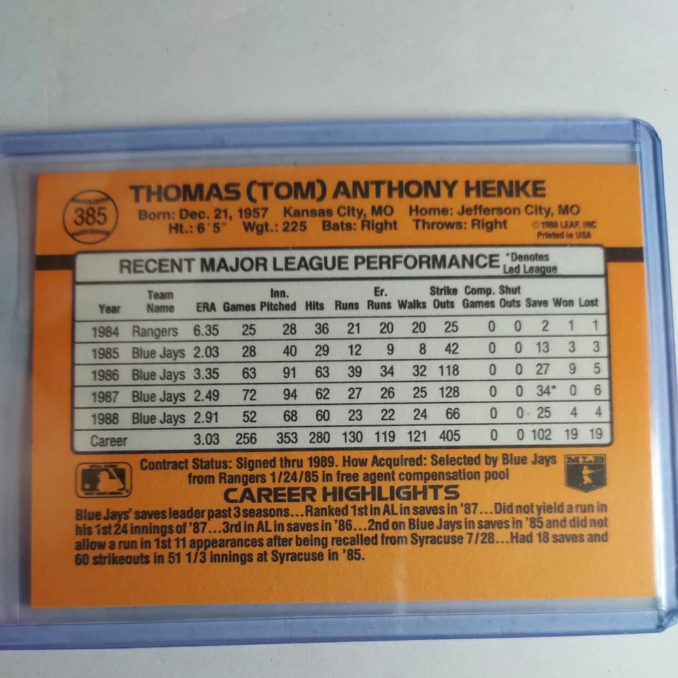 1989 Donruss Baseball Card Tom Henke Toronto Blue Jays #385 - Image 2 of 2