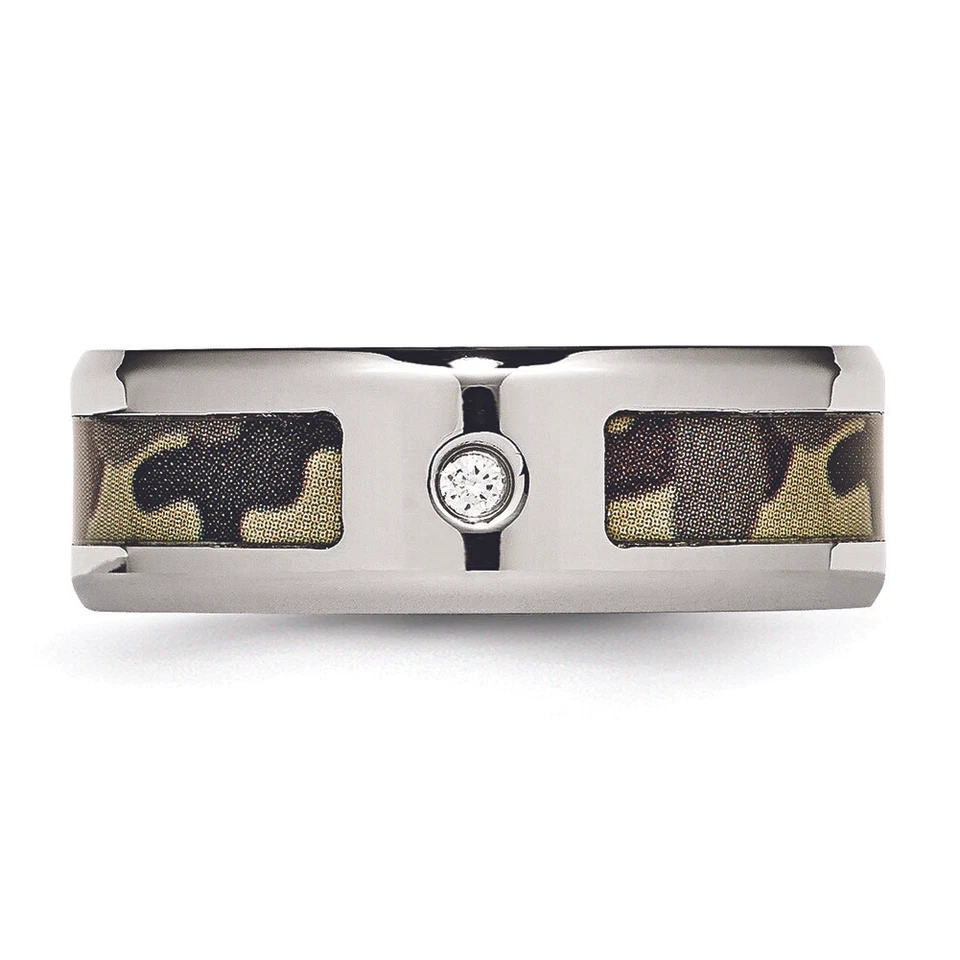 Cincel Acero Inoxidable Pulido con Circonita Estampada Marrón Camuflaje Bajo Banda de Goma Anillo Foto 3 de 4