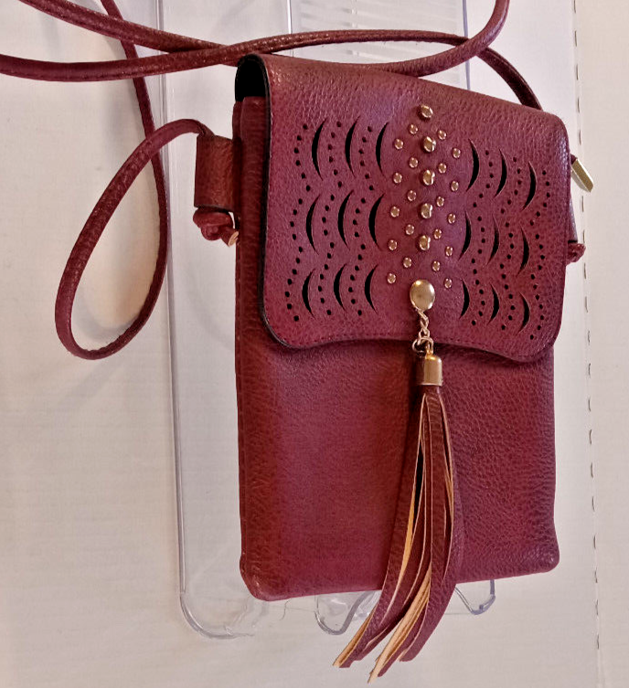 Studded Laser Cut Crossbody Bag in Rust Wine 7.5x6 Inches  -image