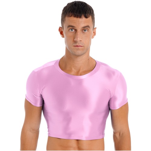 FEESHOW Mens Smooth Short Sleeve Crop Top Solid Color Round Neck Slim AU - Picture 28 of 118