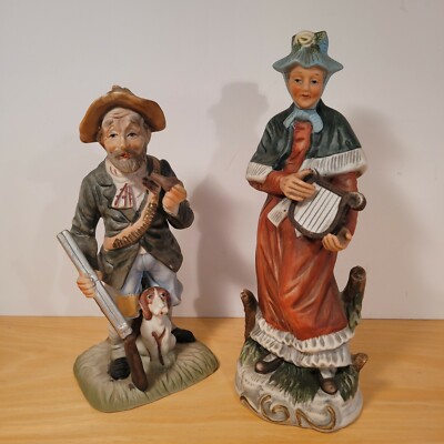 Vintage Figurines Old Man Hunter With Dog & Woman Playing Harp Porcelain Bisque