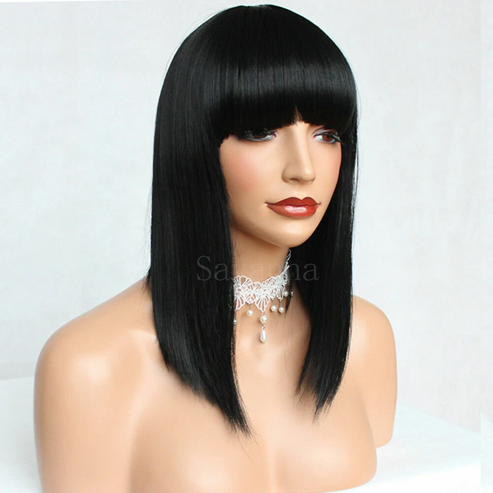 Mujeres Flequillo Completo Sintético Ninguno Encaje Pelucas Corto Bob Liso Natural Pelo Negro Foto 3 de 4