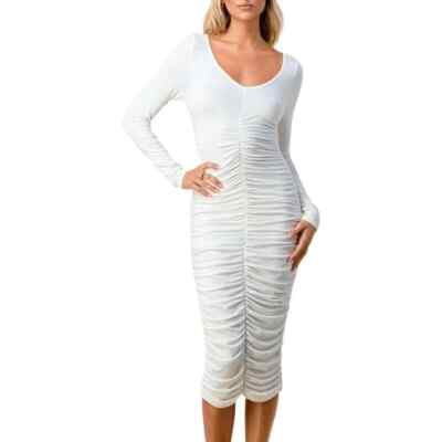 White Ruched Scoop Neck Long Sleeve Midi Dress | eBay