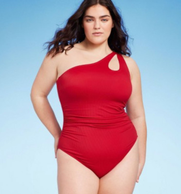 Women Sz 17 One Shoulder Cut Out One Piece Swimsuit Shade & Shore Red NWT