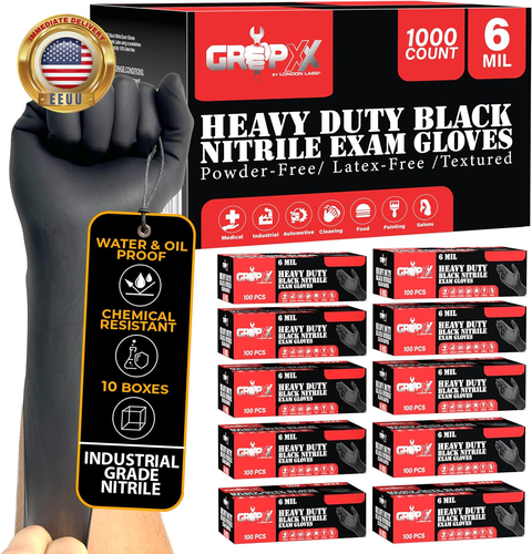 Heavy Duty 6 Mil Black Nitrile Gloves, Disposable Latex&Powder Free, Mechanic, F