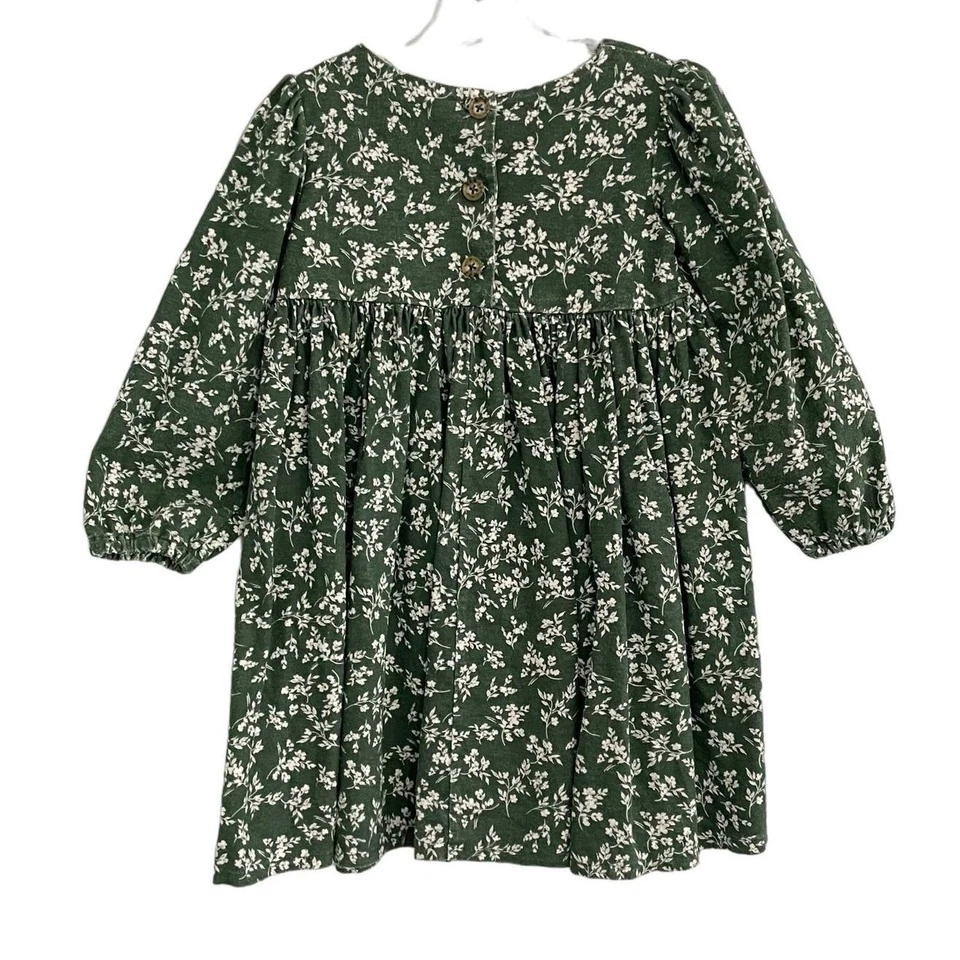 Vestido Hecho a Mano Niñas 6 Giros Pradera Verde Ditsy Floral Manga Abullonada Casa de Campo Foto 2 de 4