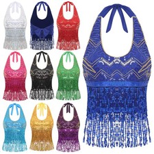 US Womens Belly Dance Crop Top Halter Sequins Tassel Performance Stage Costume