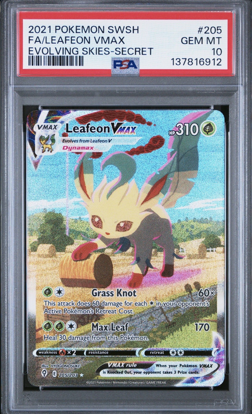 2021 Pokemon SWSH Evolving Skies Leafeon Vmax Secret Rare #205 PSA 10