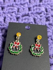 Christmas Wreath Dangle Earrings Green Red Enamel Yellow Rhinestone Silvertone
