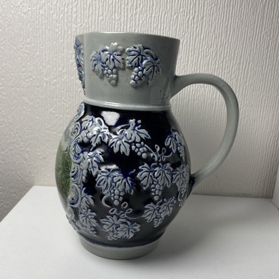 Vintage Deutscher Cochem Steingut Weinkrug Krug Traubenmotiv Grau & Marine 19cm