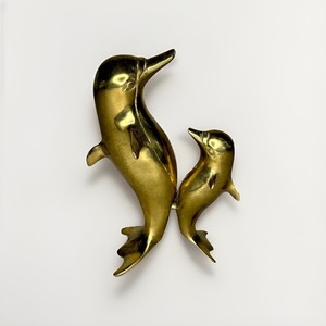 Vintage Solid Brass Dolphin Figurine - Mother & Baby Calf Sculpture 8" Tall