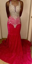 Pink Silver Sequin Mermaid Halter Evening Dress S Sleeveless Backless Long