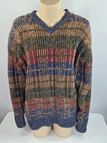 Gant Chunky Knit Multi-Color V-Neck Cotton Sweater, Sz L, EUC