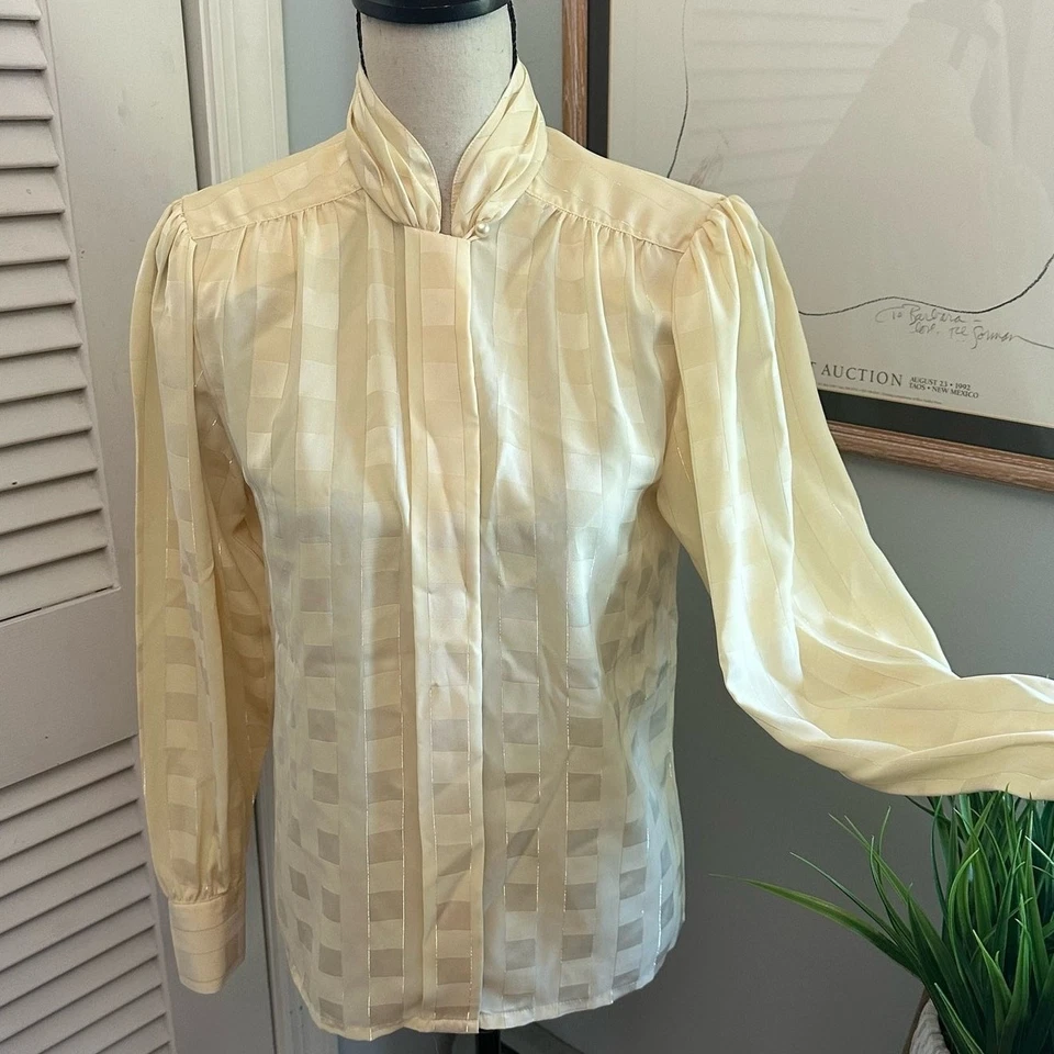 Blusa vintage JOSEPHINE para mujer cuello alto manga abullonada retro años 80 preppy carrera Foto 2 de 4