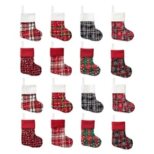 Mini Christmas Stocking Ornament Glitter Plaid Snowflake Print Candy Gift Bag...