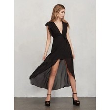 Reformation Dress Women's size Large Black Wrap Midi Charlene Ruffled Minimalist