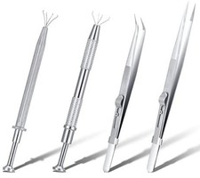 Stainless Steel Jewelry Tweezers Set 4 Piece Straight Head Anti Slip Lock