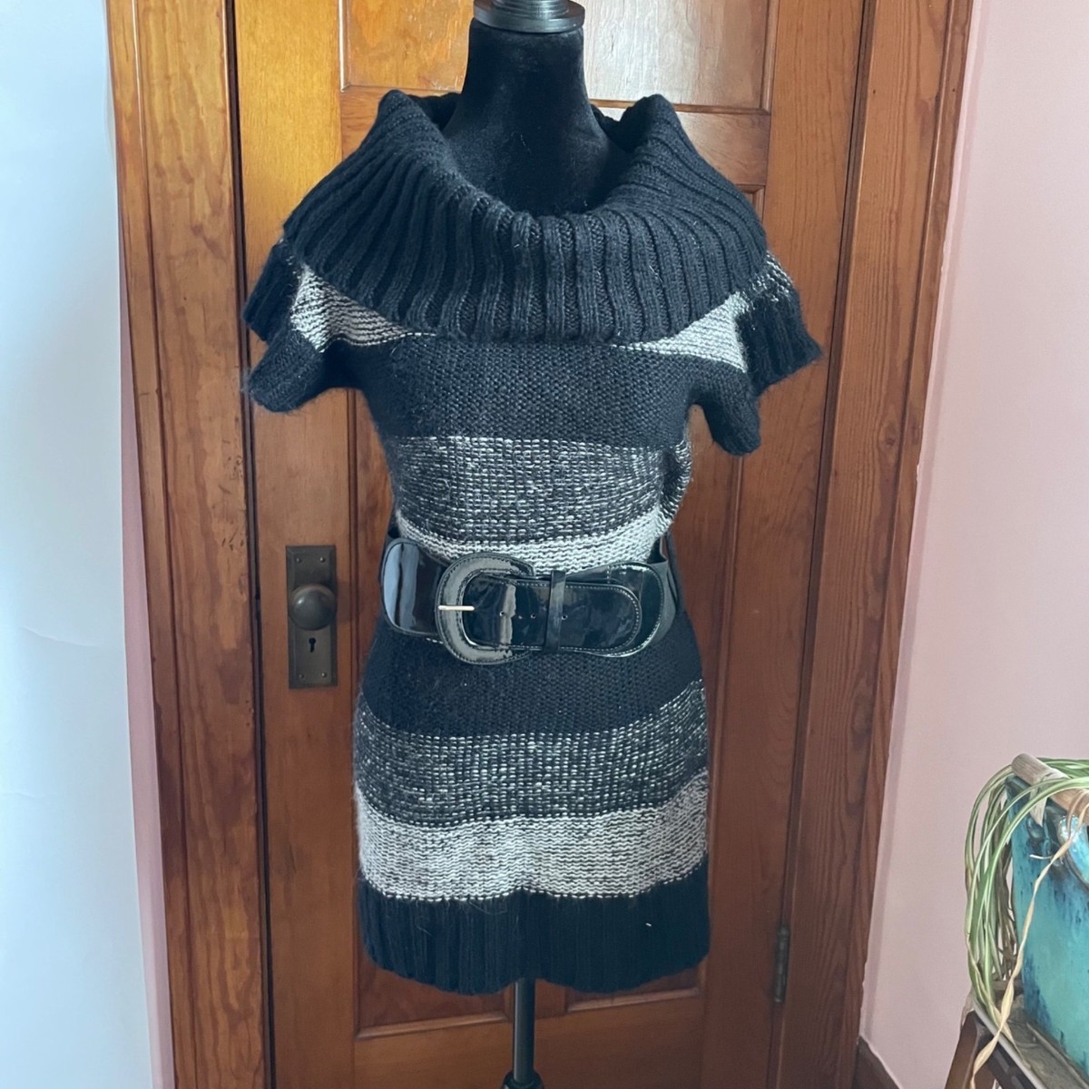 VTG Y2K Say What Sweater Dress L Cowl Neck Belted Knit Striped Librarian  Goth