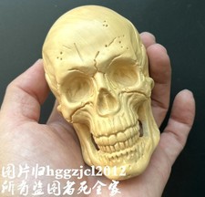 Natural Boxwood Carved Skull Statue Carving Wooden Artwork Sculpture Home Decor