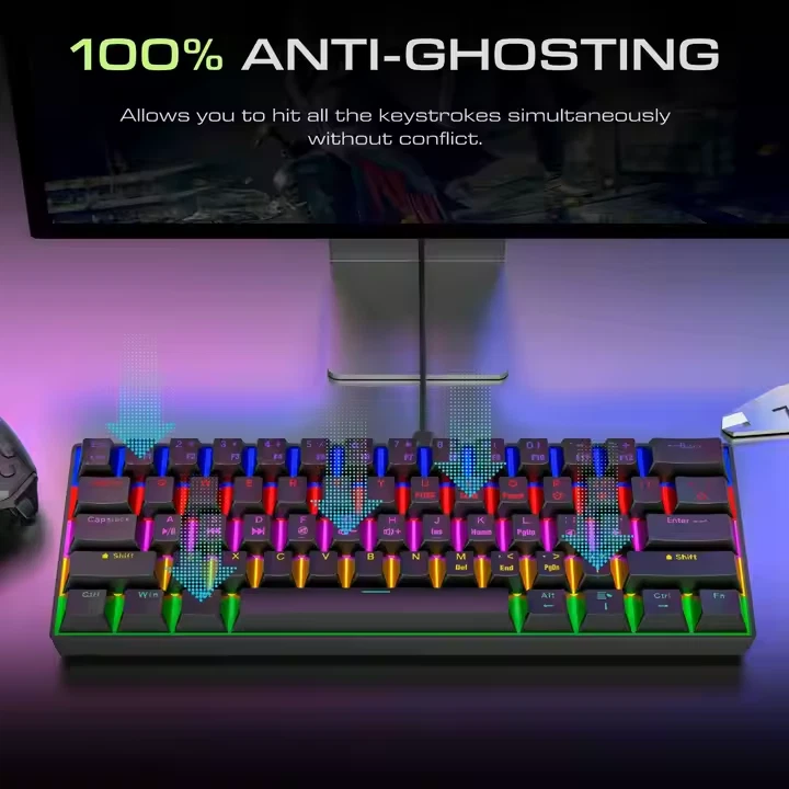  Teclado mecánico negro con cable RGB multicolor para juegos 60 % azul interruptores Foto 4 de 4