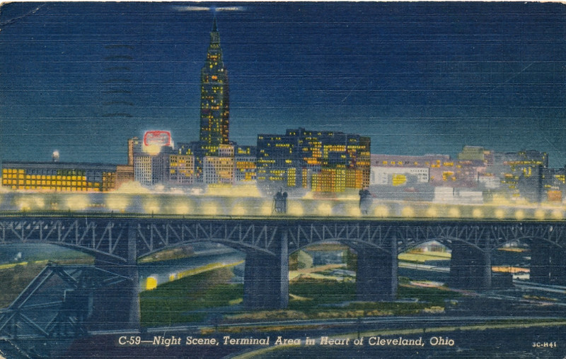 NIGHT SCENE, TERMINAL AREA IN HEART OF CLEVELAND, OHIO. OH. CURT TEICH.