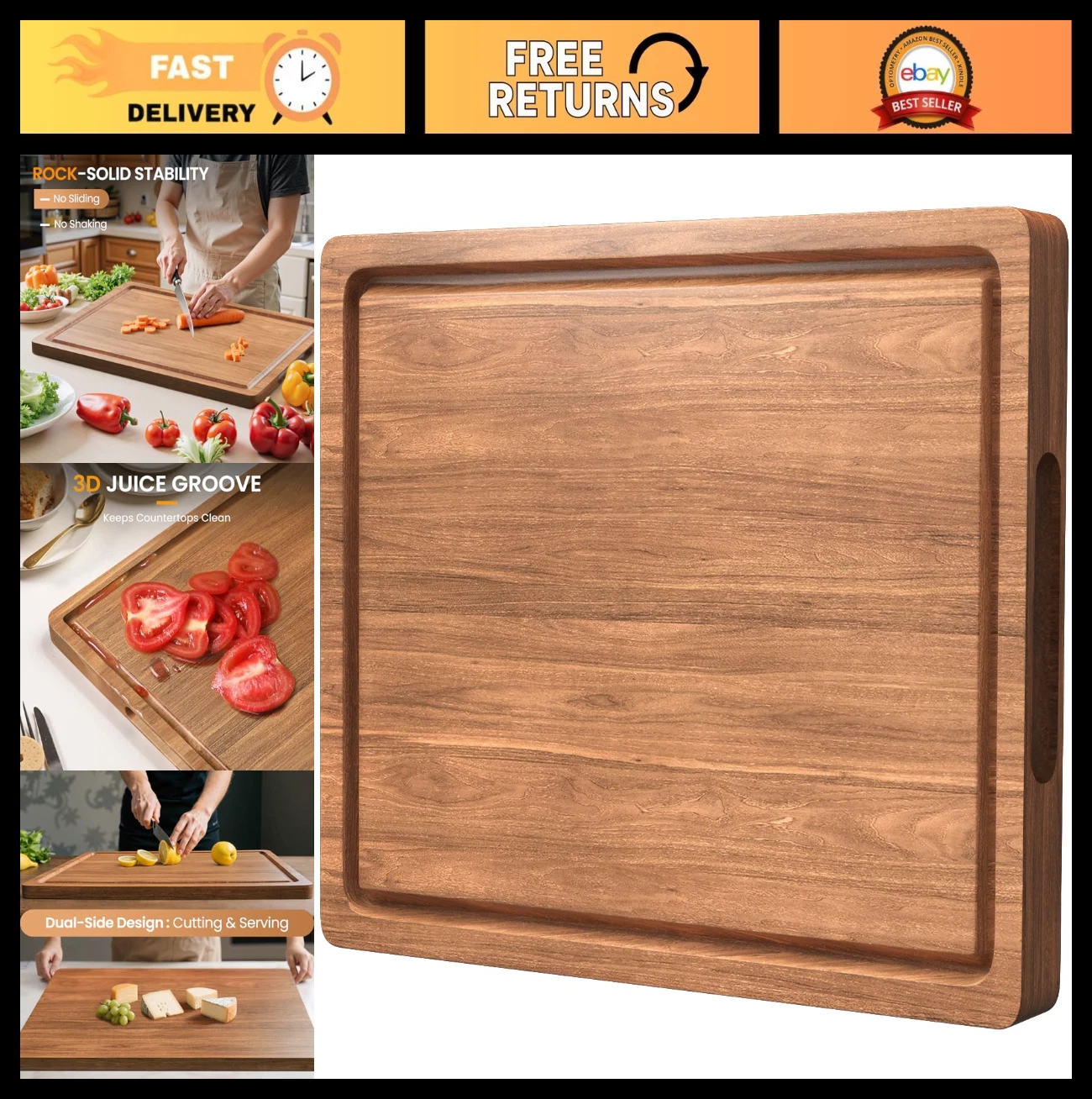 "17x12 Inch Acacia Wood Cutting Board - Reversible Butcher Block with Juice Groo