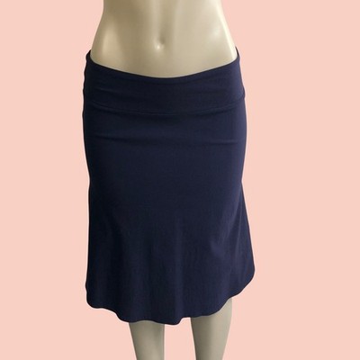 Vintage Y2K Navy Blue Mid / Low Rise Pull On Stretchy Midi Skirt Size L Flare