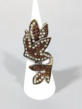 Full Finger Leaf Ring Bronze Tone Rhinestones Brown Clear Crystal Statement Sz 7