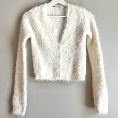 Zara fuzzy crop cardigan sweater womens small ecru off white faux fur vneck  soft