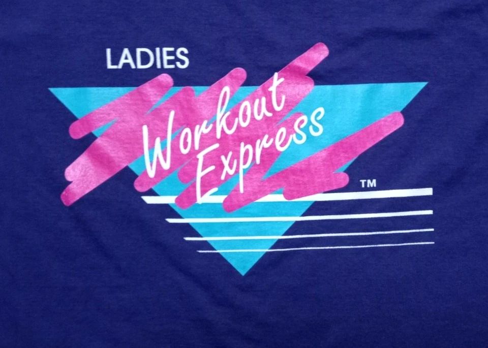 Camiseta vintage de los 90 para damas Workout Express Fitness Staff mediana púrpura neón Top Foto 2 de 4