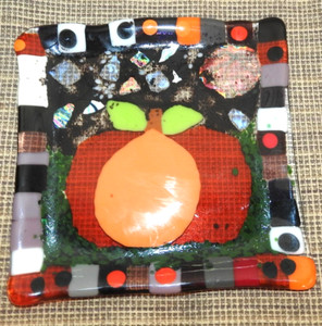 Fused Glass Fruit Tray Smooth Edge Platter Tray Multi Color w/Peach Center