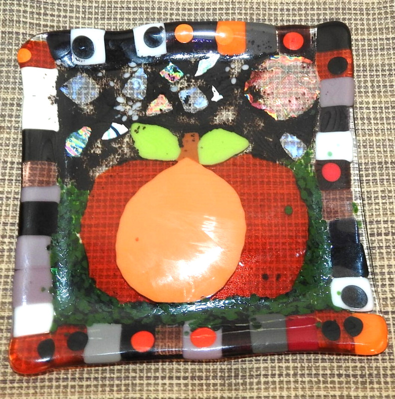Fused Glass Fruit Tray Smooth Edge Platter Tray Multi Color w/Peach Center