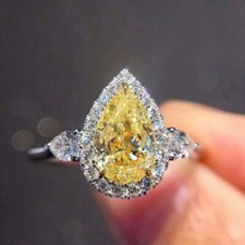 2Ct Pear Cut Yellow Citrine Diamond Halo Engagement Ring 14K White Gold Finish