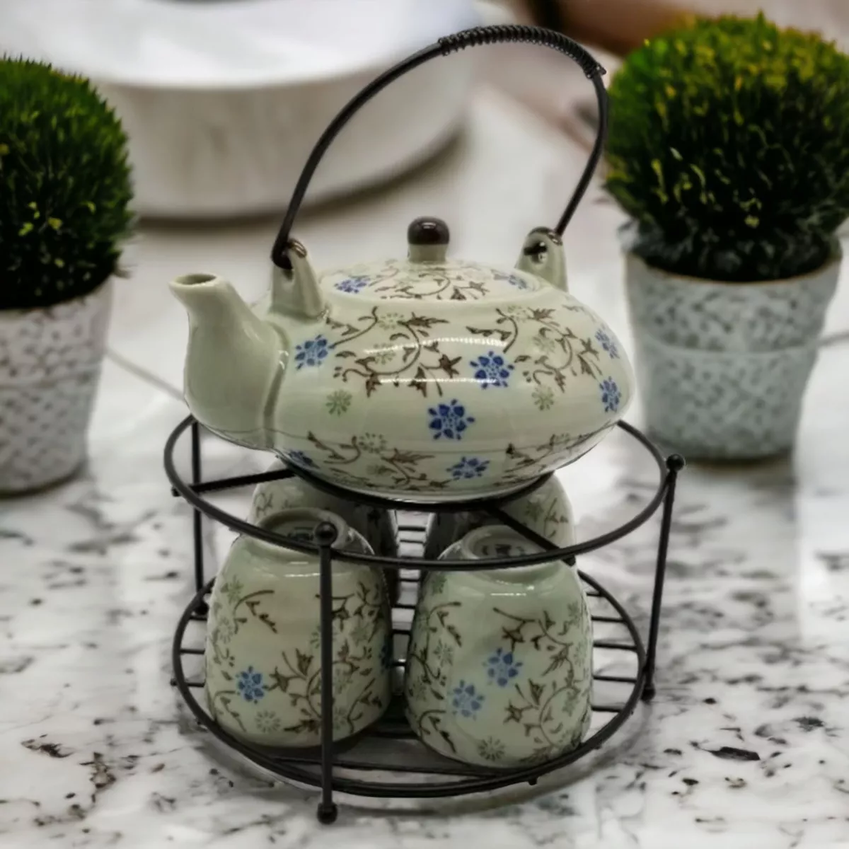 Blue Floral Ceramic Teapot and Mug Set