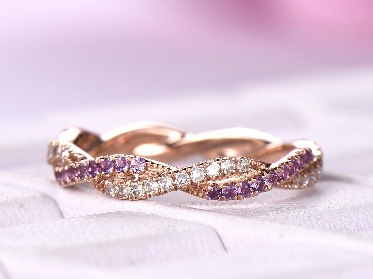 Twisted Infinity Purple Amethyst Band Ring in Rose Gold Plated Silver