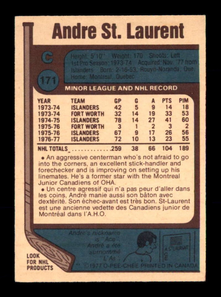 1977 O-Pee-Chee NHL #171 Andre St.Laurent EX/EX+ X2911346 | eBay