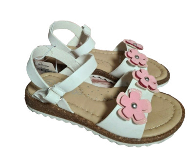 BNWT Little Girls Sz 8 Mango Pink Flower White & Tan Ankle Strap Sandals