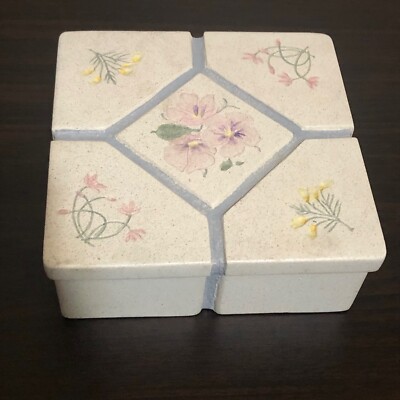Beautiful Vtg Garden Floral Art Pottery Stoneware Jewelry Box Hand Painted