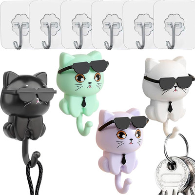 10 Stück Cool Cat Schlüsselhaken, Selbstklebende Sonnenbrille Katzen Schlüsselha