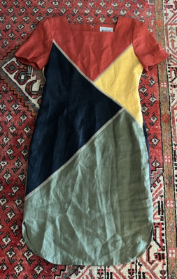 Vintage 80s Beau David Linen square neck round hem Dress 4 graphic  colorblock | eBay