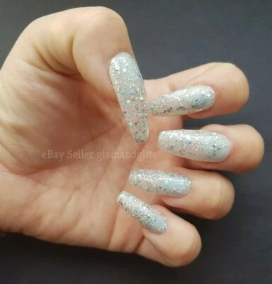 24 Painted Gel Press On False Nails AB Silver Glitter Coffin Stiletto Square