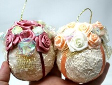 2 COTTAGECORE Ornate Pink  Peach Roses Ribbon Lace Ball Ornament D9