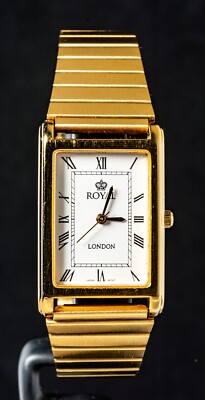 Royal London vergoldete rechteckige Herren Quarzuhr -- funktioniert, 24 x 30 mm Gehäuse