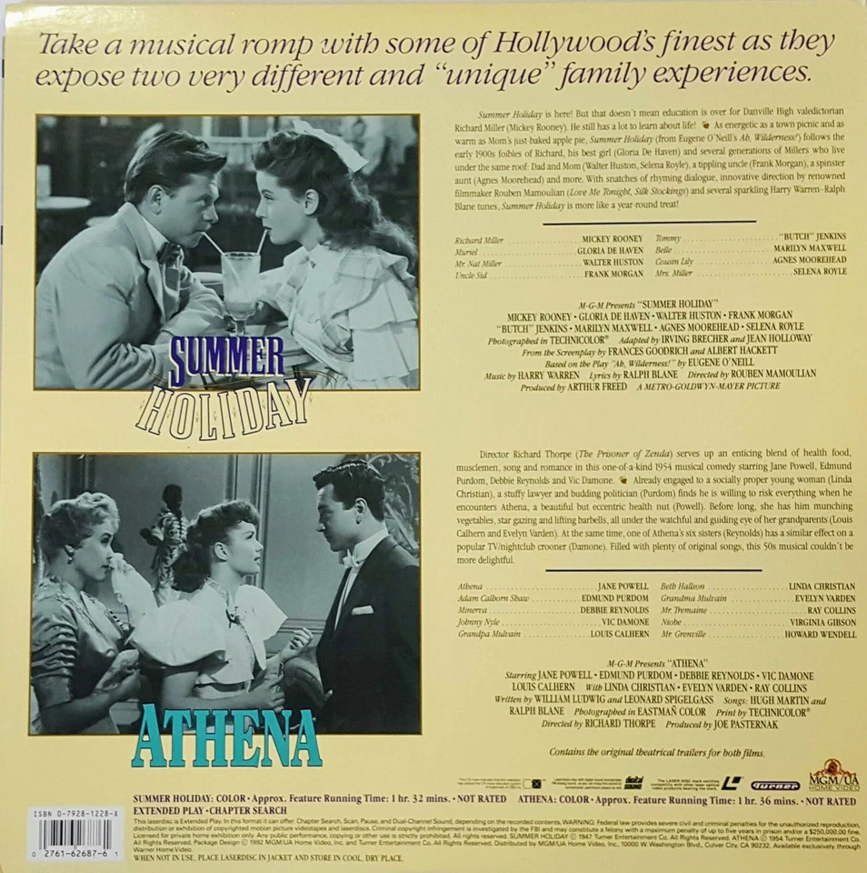 SUMMER HOLIDAY - ATHENA / Double Feature (Laserdisc, MGM. 1992) 2 Discs - Image 3 of 4